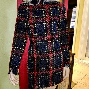 Women's Plaid Mini Dress Size Med In US Size Chart Go Go Dress Style w/ Fringe